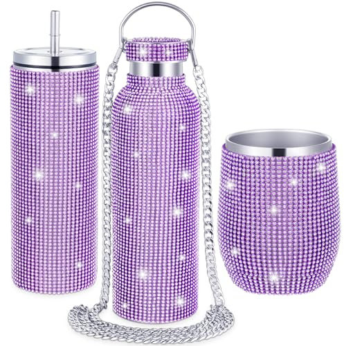 Rtteri 3 Pcs Bling Water Bottle Rhinestone Stainless Steel Bling Cup Stemless Glitter Tumbler Insulated Rhinestone Tumbler with Chain, Lid and Straw for Women Coffee Martini Wine Cups (Purple)
