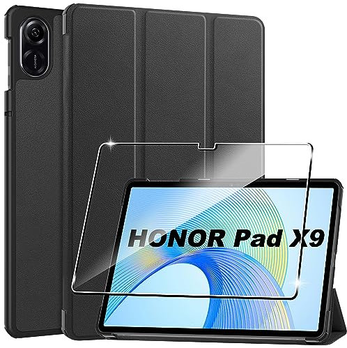 Cover per Honor Pad X9 custodie+1 Pezzi Vetro Temperato,Gomma Protezione Protettivo,Ultra Sottile Antiurto Anti-Graffio TPU Flessibile Case-Nero