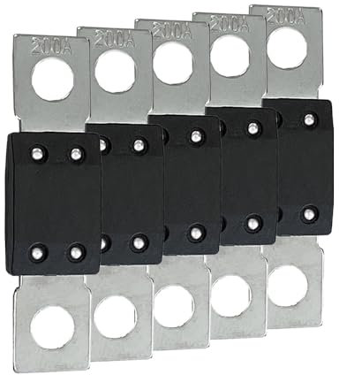 Offgridtec 200A MEGA Sicherung Set für 48V DC Systeme, Hochstrom-Streifen-Sicherungen mit Kupferanschlüssen, Niedrigkontaktwiderstand, Funken-Schutz, Schraubbefestigung, RoHS & UL zertifiziert, 5-Pack