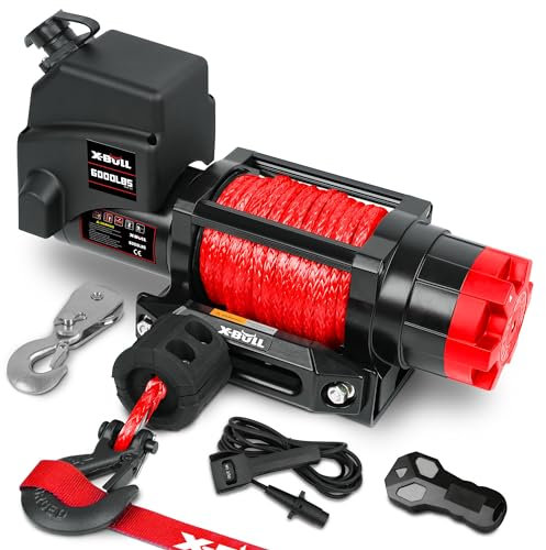 X-BULL Treuil 12 V 2721,6 kg avec corde synthétique à distance de 6,35 mm x 16,8 m, interrupteur de guidon à distance sans fil, freinage automatique, étanche, pour VTT, UTV, sports motorisés hors