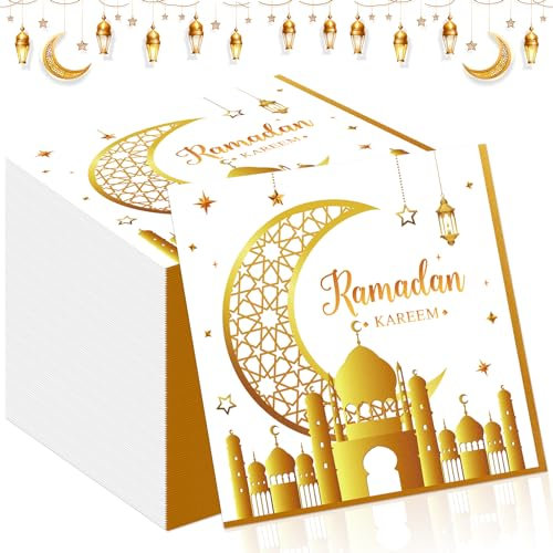 TOPJOWGA 100 Stücke Eid Mubarak Papierservietten, Stern Mond Servietten, Gold Weiß, Ramadan Tischdekoration für Party, Eid Mubarak Dekoration, 33x33cm