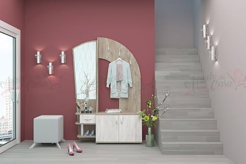 ARREDO DA CASA Mobile Ingresso Con Specchio Vano Contenitore Con Due Mezze Ante E Tre Ganci Appendiabiti Mobiletto Per Entrata Moderno Castagno E Rovere Sabbia IG7 (Rovere bianco e rovere sbiancato)