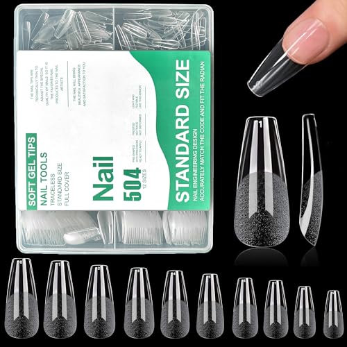 504 Stück Künstliche Nagel Tips,Lange Soft Gel Nageltips,Pre-Buff PMMA Harz Nagelspitzen Nail Tips,Full Cover Nails Tips für Gelnägel Ballerina Zum Aufkleben Nail Art Starter DIY, 10 Größen