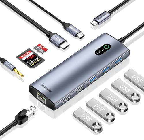 Rocoren Docking Station USB C, 11-in-1 Universal Laptop Dock mit 4K HDMI, RJ45 Ethernet, SD/TF, 3.5mm Audio/Mic, 3*USB 3.0, 2*USB2.0 und PD 100W Power Delivery für MacBook, HP, Dell, Lenovo, Surface