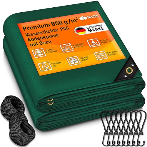 tillvex® Abdeckplane mit Ösen + 10x Spanngummi & 15m Seil | Gewebeplane 650g/m² Wasserdicht & Reißfest | Premium PVC-Plane Universell LKW, Pool, Holz Gartenmöbel | Gartenplane Abdeckung (Grün, 3x6 m)