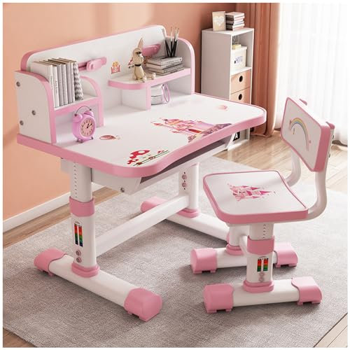 SINBINTA Kinder-Schreibtisch- und Stuhl-Set, höhenverstellbar, Kinderschreibtischstuhl, Cartoon-Muster, Lerntisch mit Schublade, Buchständer, ergonomischer Schüler-Schreibtisch für Mädchen und Jungen