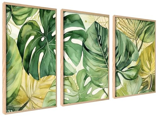 ag.art deco Moderne Poster Set Grüne Monstera | 3 Stück 60x80cm | Gemälde Bild Blätter Poster Watercolor Wanddekoration | ohne Rahmen