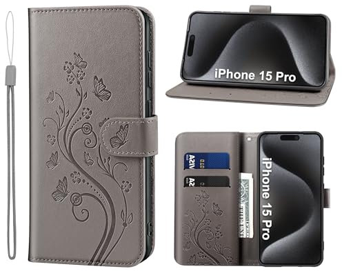 KRAFTCARE Handyhülle für iPhone 15 Pro Mit Kartenfach, Geld Slot, Ständer, Magnetic Closure - Flip Case Leder Schutzhülle Tasche