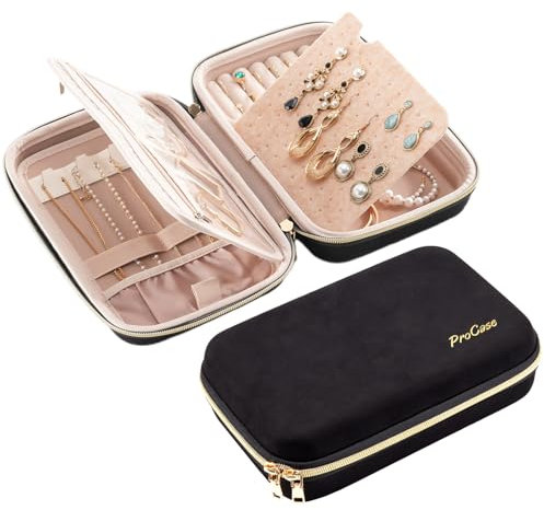 ProCase Reise Schmuckkästchen, Schmuckaufbewahrung Reise Schmuck Organizer Große Schmucktasche jewelry organizer für Halsketten Ohrringe Ringe Armbänder- Schwarz