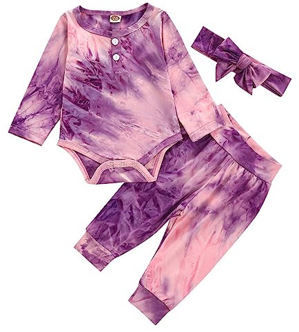 Neonato Ragazza Arcobaleno Cravatta Colorato Pagliaccetto Pantaloni Body Abiti Bambini Abbigliamento Divertente Set Vestito Neonato Ragazzo, Lilla, 12-18 mesi