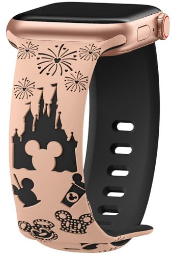 Cartoon Gravés Bracelet Compatibles avec Bracelet Apple Watch 40mm 41mm 44mm 45mm 38mm 42mm 49mm Femme, Bicolore, Mignon, Bracelet en Silicone Compatible avec iWatch Se Ultra Serie 9 8 7 6 5 4 3 2 1