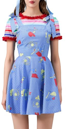 Felcia Halloween-Cosplay-Kostüm für Damen, gruseliges Chucky-Puppen-Kostüm, kurzärmelig, Regenbogen-Tops mit Minikleid-Set (A-Blau, L)