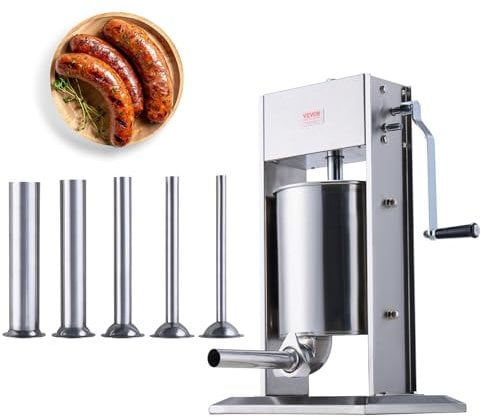 VEVOR XZ-10L 10 L / 22 LBS Vertical Sausage Machine, Dual-Speed Meat Stuffer, Made of Food-Grade 304 Stainless Steel, Includes 5 Stuffing Tubes, for Home Kitchen Restaurant Commercial, Silver