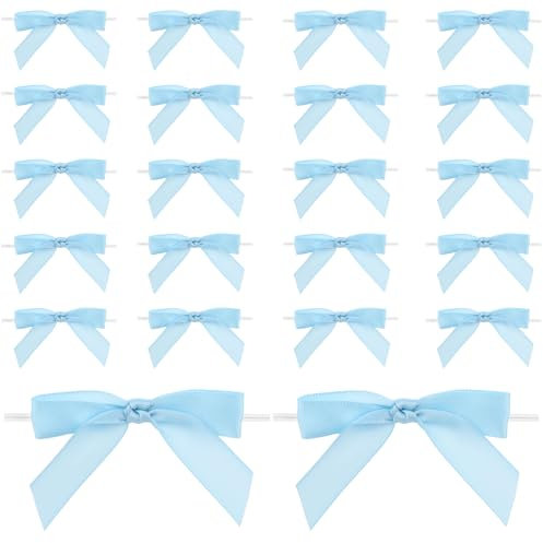 JJUNW 50Stück kleine Schleifen, 7cm Satinband Twist Tie Schleifen, Mini Schleifen aus vorgebundenem Satinband Niedlich Klein Geschenkschleife für Basteln Nähen Geschenk DIY Keks Bonbontüten(hellblau)