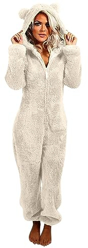 EMATOP Jumpsuit Damen Kuschelig Einteiler Overall Lange Warm Schlafanzug Teddy Fleece Schlafoverall Winter Flauschig Onesie Einfarbig Plüsch Hausanzug mit Kapuze Pyjama Anzug Ganzkörperanzug