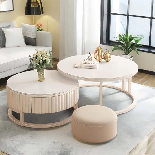 MDXVRKYBC WeiB Couchtisch Rund 2er Set Wohnzimmertisch Rund Sofatisch Kaffeetisch Satztische 50+70cm Hochglänzende Tischplatte Für Wohnzimmer Balkon Büro