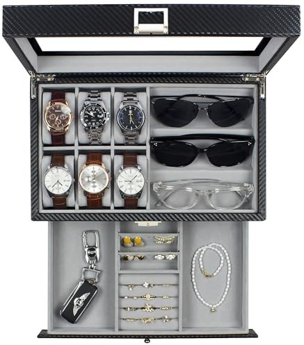 KILHS Watch Box, 6 slots Watch case, 3 Compartment Eyeglass Organizer, Mens Jewellery Box with Clear Glass Lid, Double Layer with Key Lock, Gift, Black-Grey