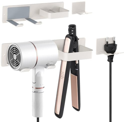 ertlutw Wandhalterung für Haartrockner und Stylinggeräte, Multifunktionshalter Fönhalter Föhnhalter, Föhn Halterung Ohne Bohren, Föhn Halterung, Glätteisen Halterung, Fönhalter Ohne Bohren, Weiße