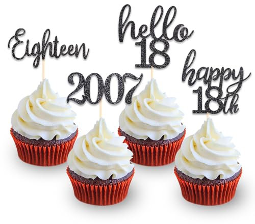 DazzJoy 24 Stk Glitzer Tortendeko 18 Geburtstag Junge,Cupcake Topper 18. Geburtstag Deko,Schwarz Muffin Deko 18. Geburtstag Junge,Kuchendeko 18 Geburtstag Deko,Happy 18th Birthday Cake Topper