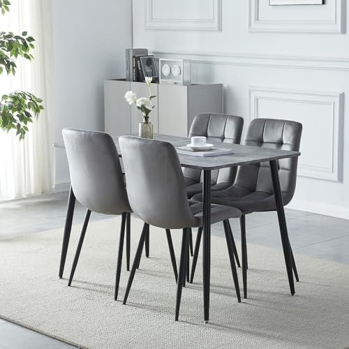 YULU Essgruppe Set Tisch und Stühle, Esstisch mit 4 Stühlen Moderner Küchentisch Set modern Essgruppe mit 4 Stühlen aus Samt Schwarzer Tisch und Stuhlbeine für Küche Esszimmer Wohnzimmer (Hellgrau)