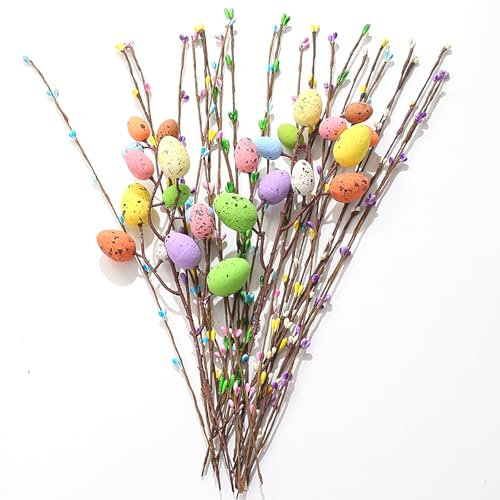 DAHI Bunte Ostereier Deko Künstliche Zweige für Bodenvase Osterdeko Osterstrauch Eier Dekoeier Dekozweige Kinder DIY Kranz Girlande Ostern Dekoration Blumenstrauß (B)