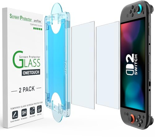 amFilm Auto-Alignment OneTouch für Nintendo Switch 2 2025, Matt Displayschutz, Gehärtetes Glas, Installation in 30 Sekunden, Blasenfrei, Blendfrei, Anti-Fingerabdruck, Mattes Finish [2 Stück]