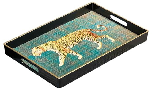 Simmer Stone Decorative Tray, Marbling Plastic With Handles, Rectangular Vanity And Serving For Bathroom, Kitchen, Ottoman And Coffee Table, 15.6” x 10.2” (walking leopard Green)