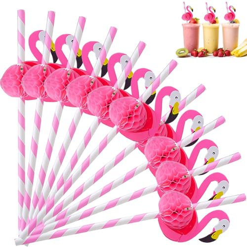 XIEXIESHER 3D Flamingo Cocktail Strohhalme, 100 Stück Lustige Hawaiianische Tropische PartyStrohhalme, Biologisch abbaubar, Sommerparty Getränkedekoration für kalte Getränke