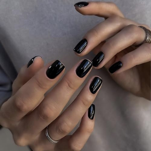 Press On Nails Black, Elegant False Nails Kit Short Square, Stick On Fake Nails Glossy Easy Application, Impress On Nail Removable And Reusable For Women And Girls