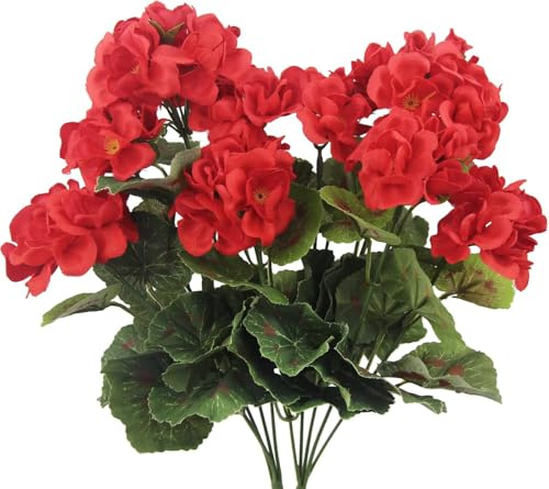 CEWUDA 2 Pezzi Fiori Finti da Esterno Gerani Artificiali Rami Cespugli di Fiori di Seta Gerani Rossi Fiori Artificiali Resistente ai Raggi UV Piante per Vaso Interni Esterni Giardino Balcone Tavolo