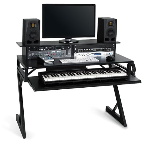 Stagecaptain ST-120 Tavolo Studio con Rack 19, Vassoio Tastiera Estraibile, Gestione Cavi, Supporto Cuffie, Ampia Superficie - per Homestudio, DJ & Registrazione - Nero/Legno