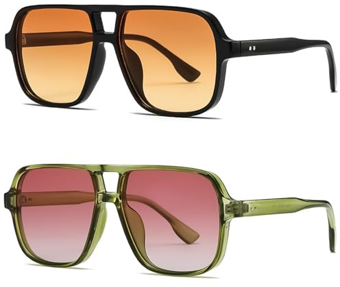 LOJUDI Retro 70s Sunglasses Womens Mens - Pilot Square Tinted Lens Oversized Vintage Ladies Sun Glasses Trendy Shades for UV400 Protection-Black/Orange+Green/Pink