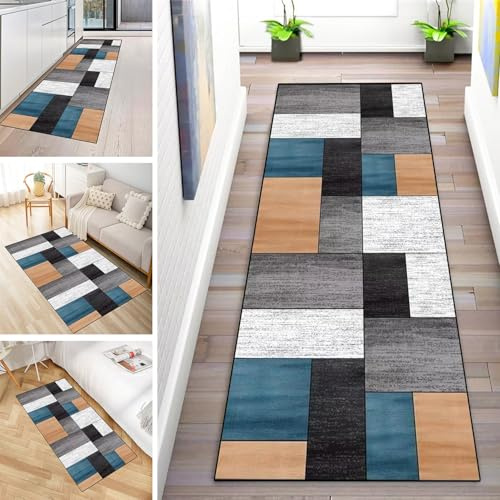 MYYNLI Teppich Läufer Flur rutschfest 50x120cm Blau Grau Orange Vintage Waschbar Meterware Schlafzimmer Korridor Teppichläufer Lang, Länge Anpassbare, Breite 40-120cm