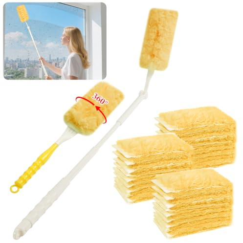 OFFCUP 32PCS Dust Magnet Refill Set, 30 Dusters 1 Handle 1 Telescopic Rod | 360° Multi-Surface Fluffy Dusters Magnet Refills Extendable Handle Starter Kit for Cleaning (Yellow)