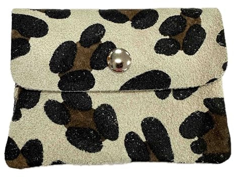 J26 Petit portefeuille en cuir rugueux - Motif léopard - En daim - Unisexe - En cuir véritable - Léopard, Léopard beige, 10,5x8x2 cm, Porte-monnaie