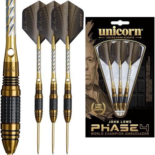 Unicorn John Lowe | Phase 4 | 90% Tungsten Barrels mit zweifarbiger schwarzer & goldener PVD-Beschichtung | Steeltip Dart-Set | Old Stoneface | Gold Volute Points | 21g, 23g oder 25g
