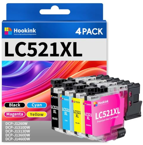 Hookink LC521 Druckerpatronen Kompatibel für Brother LC521 LC-521 | LC521 Patronen Value Pack Kompatibel für Brother DCP-J1260W DCP-J1310DW DCP-J1313DW DCP-J1360DW DCP-J1460DW (4-Pack)