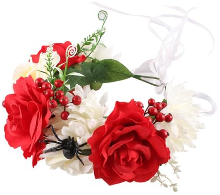 UKCOCO Serrage-Tête Couronne de Noël à Roses Artificielles Rouge et Blanc Bandeau Fleur Décoratif Léger et Solide Accessoire de Coiffure pour Mariage Fête et Halloween