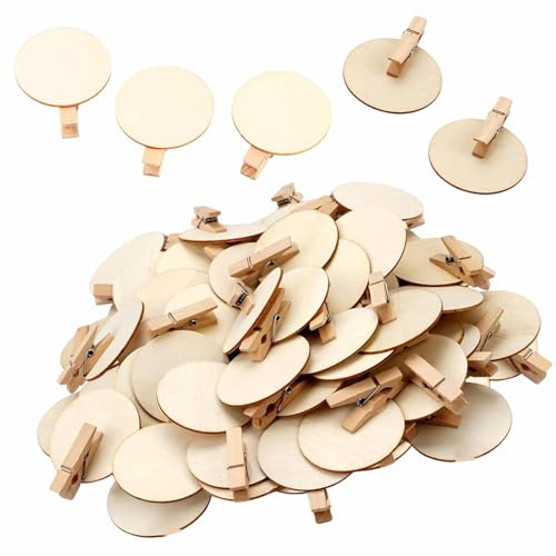 50 Stück Mini Holzklammern 47mm Holzklammern Natur mit Runder Holz-Scheibe | Kleine Wäscheklammern für Fotos, Karten, Postkarten, Briefen