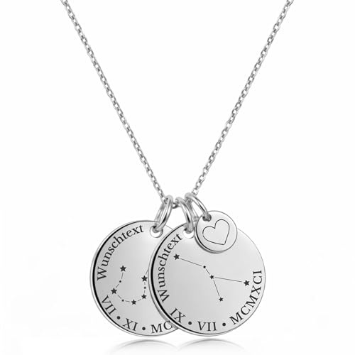 BS Schmuckdesign Personalisierte Kette Damen mit Gravur – Sternbild Kette mit Name & Datum in römischen Zahlen, Wunschgravur hinten, persönliches Geschenk für Frauen (Doppelt, Silber)