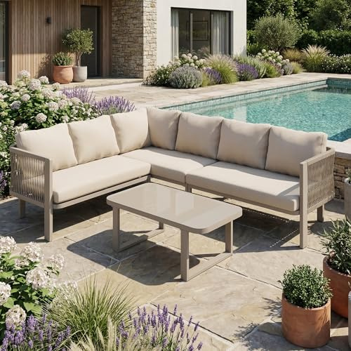Jaxenor 6 Sitzer Lounge Möbel Set Outdoor, 225cm, Teslin-Seilflechten Garden Sofa Set mit Glastischplatte Esstisch, Bank, Stühlen und Sofa, Gartenmöbel Lounge Set mit Ecke, Khakifarben