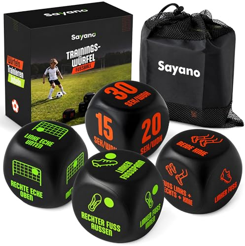 Sayano - Fußball Trainingswürfel (4er Set) / Fussball Geschenk Kinder | 2x Jonglierwürfel, 2x Torschusswürfel, Fussball Geschenke Jungen & Mädchen 8-12 Jahre, Fussball Trainingszubehör Spielzeug