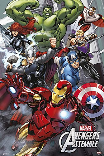 empireposter Avengers - Assemble - Cartoon Comic Poster Plakat Druck Hulk Spider Man Captain America Fantastic Four 61x91,5 cm + 2 St Posterleisten Kunststoff 62 cm transparent