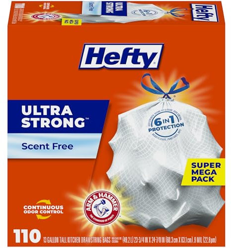 Hefty Ultra Strong Trash Bags (Scent Free, Tall Kitchen Drawstring, 13 Gallon, 110 Count)