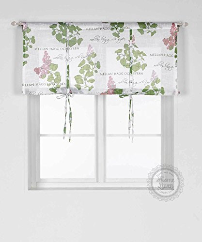 Scheibengardine Raff Gardine Raffrollo Vorhang 'Hägg' 140 x 110 cm (BxH) weiß mit Blumenmuster - Aufdruck in pastell grün flieder Baumwolle