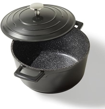 STONELINE Casseruola 20 cm, 2,6 L Rostiera Cocotte con Coperchio, Pentola Alluminio Pressofuso Rivestimento Antiaderente con Vere Particelle di Pietra, A Induzione Forno Tutti i Piani Cottura, Nero