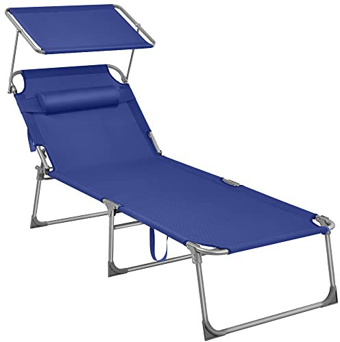 SONGMICS - Tumbona Plegable, Tumbona, 200 x 71 x 38 cm, Capacidad de Carga 150 kg, con Parasol y Respaldo reclinable, para jardín, Piscina, terraza, Azul Oscuro GCB22BUV2