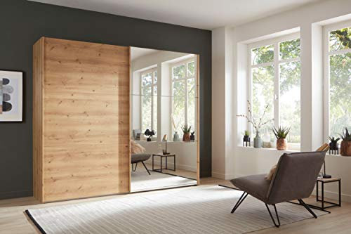 WIEMANN Korfu Kleiderschrank, Schwebetürenschrank, Schlafzimmerschrank, mit Schiebetüren, Breite 300 cm, mit Spiegel rechts, Holz, Bianco Eiche, B/H/T 300x236x67 cm