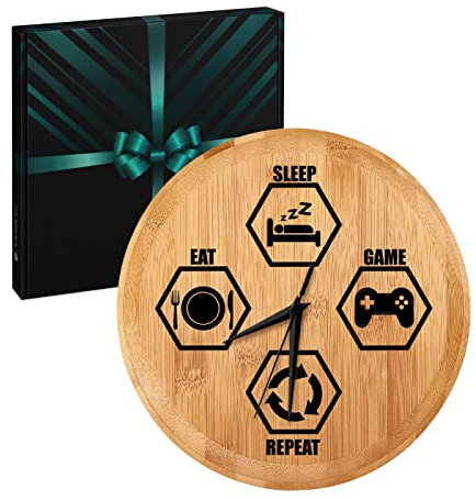 Maverton Vintage Wanduhr + Aufdruck - mit AA-Batterie betrieben - Durchmesser: 26cm - Uhr aus Bambus - Holz - Geschenk für Männer zum Geburtstag - Game