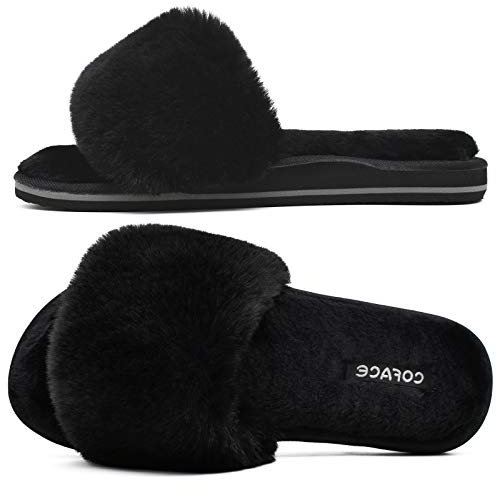 COFACE - Pantofole da donna con pelliccia sintetica, plantare con supporto dell'arco, con punta aperta, per uso interno ed esterno, Peluche nero., 38 EU